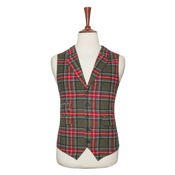 Mens 46R Wool Olive Green Red Tartan Plaid Vest Waistcoat Wedding Party Formal - Picture 1 of 8